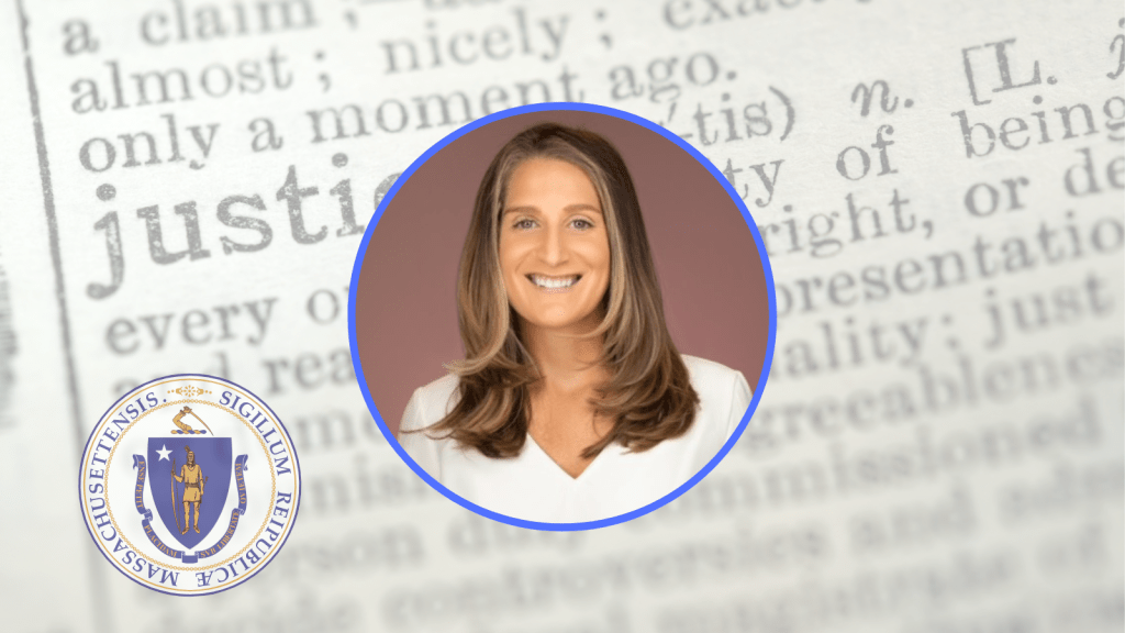Image of Sarah Coughlin with the Massachusetts seal and the definition of justice in the background