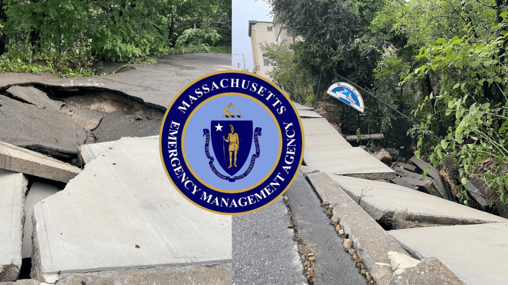Images from massachusetts flash flooding with the massachusetts emergency management agency logo