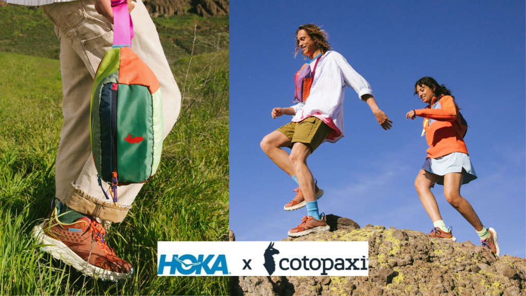HOKA x Cotopaxi collaboration two people hiking and a person standing in a field featuring the HOKA x Cotopaxi collaboration shoes