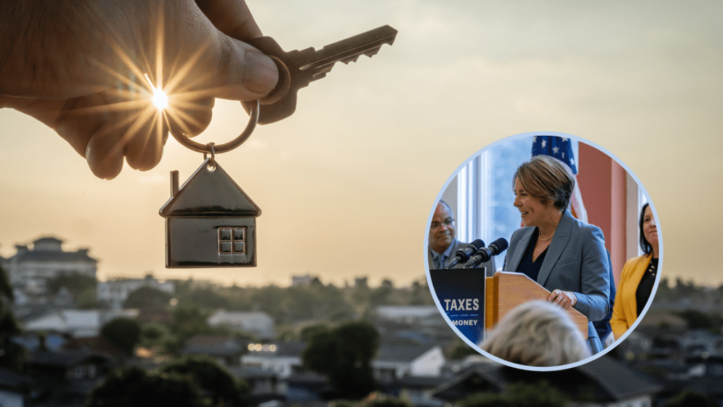 background of affordable housing with a key and keychain with a silver home charm attached to it with a photo of maura healey cropped in a circle