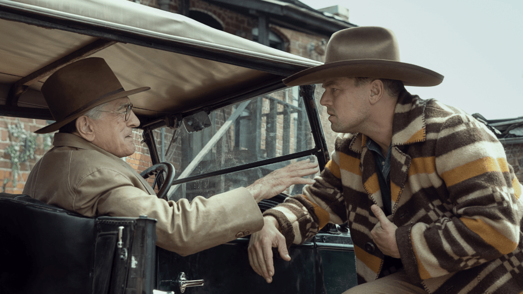 Leonardo dicaprio talking to Robert De Niro in the movie "Killers of the Flower Moon" coming to Apple+