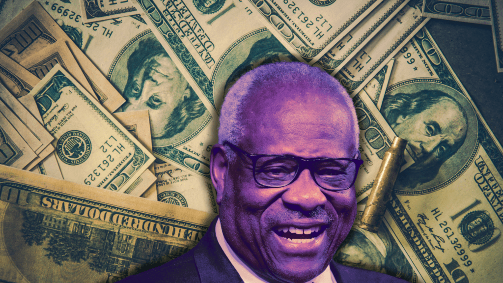 Clarence thomas laughing in front of a pile of money