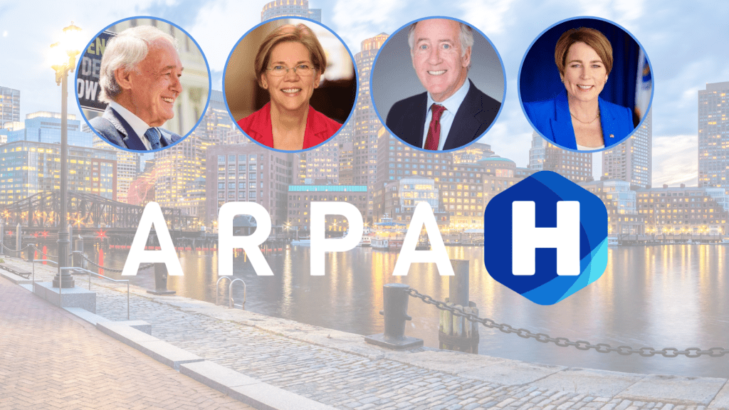 ARPA-H Logo with images of Senators Warren & Makrey along with images of Rep Neal and Governor Healey. Background is Boston waterfront