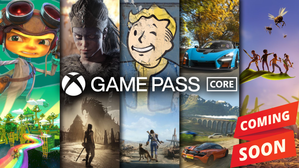 "game pass core" with images of games included in the new game pass core subscription. Games like Grounded, Fallout, and Forza are pictured