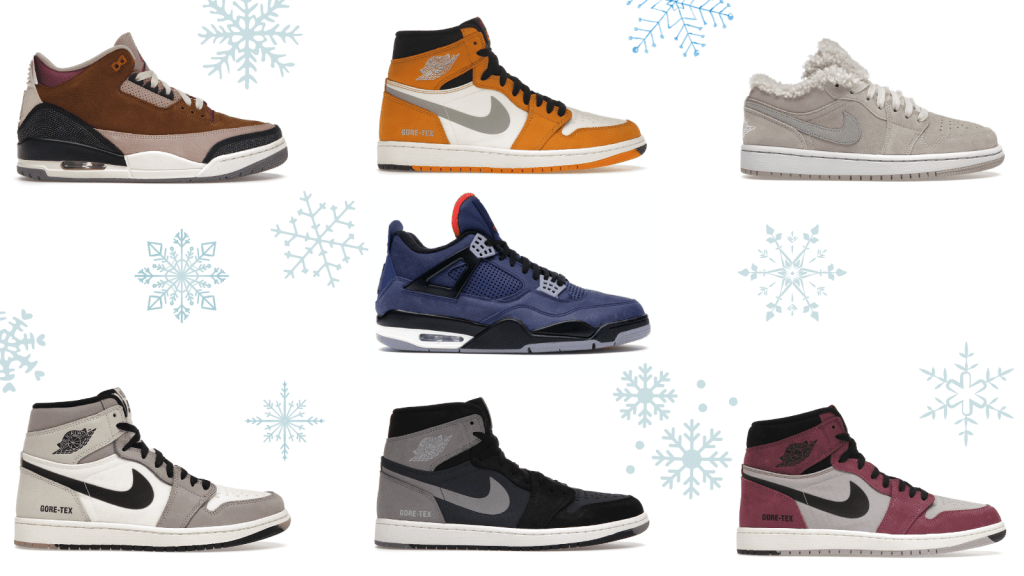 best jordans for winter including 4 colorways of Jordan 1 Element including Light Curry, Berry, Particle Grey, and Light Bone. Jordan 3 Winterized in brown, Jordan 1 low sherpa lined, and Jordan 4 Winterized in Blue are also shown.