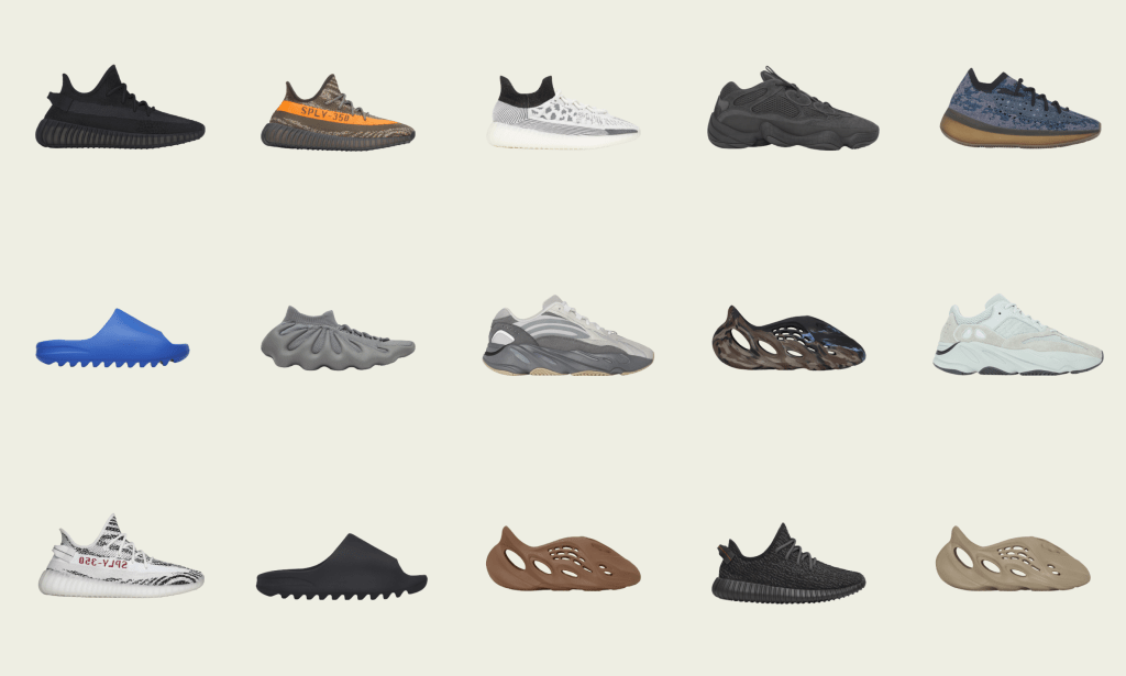 images of Adidas Yeezy sneakers including foam rnnrs, yeezy slides, Yeezy Boost 350's, and Yeezy Boost 700's in various colors