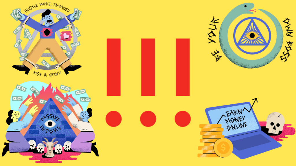 MSCHF logo with images that mock pyramid schemes and earning money online. Includes lots of Pyramid iconography and mentions "passive income" "rise and grind" "hustle mode: engaged" "earn money online" and "be your own boss"