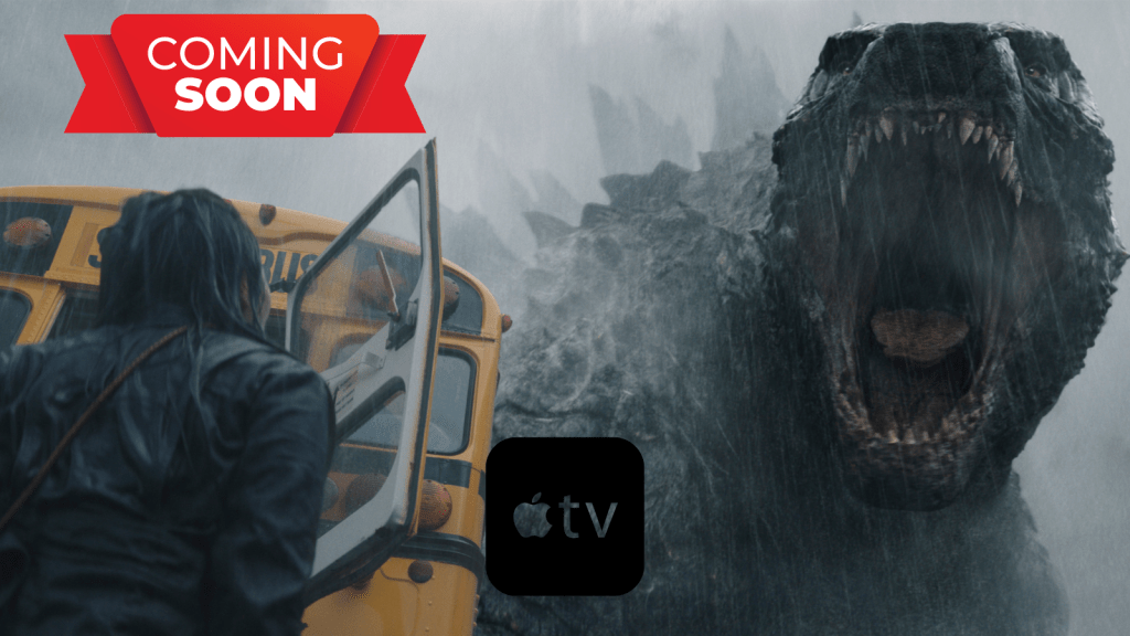 image from Monarch: Legacy of Monsters with "coming soon" and the apple tv logo. This image shows godzilla roaring at a woman behind a school bus