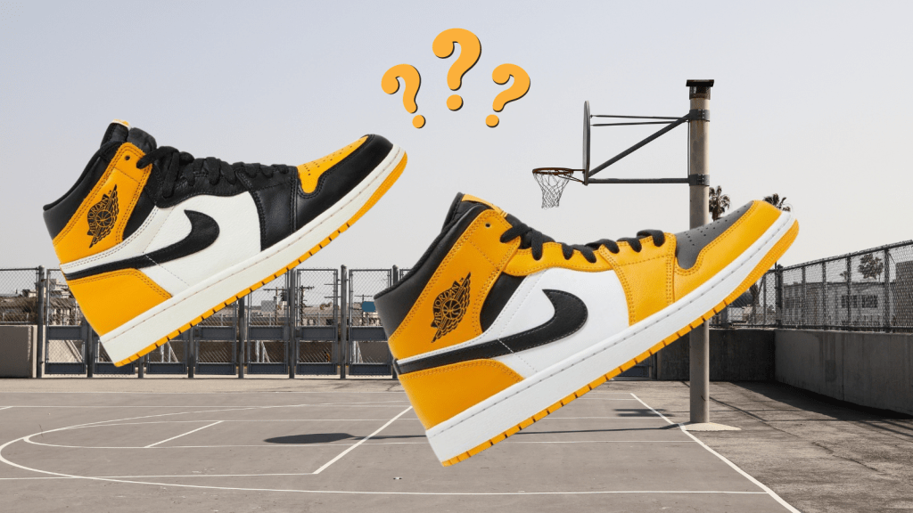 Air Jordan 1 Mid and High in taxi colorway over a basketball court with three question marks